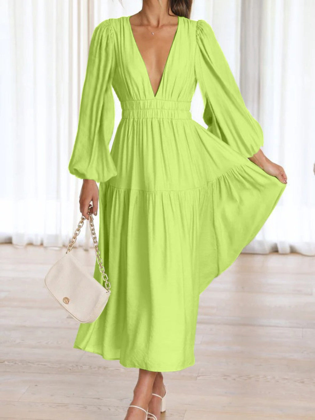 Lightweight Deep V-Neck Balloon Sleeve Maxi Dress Elegant & Flowing Silhouette Unique Dress