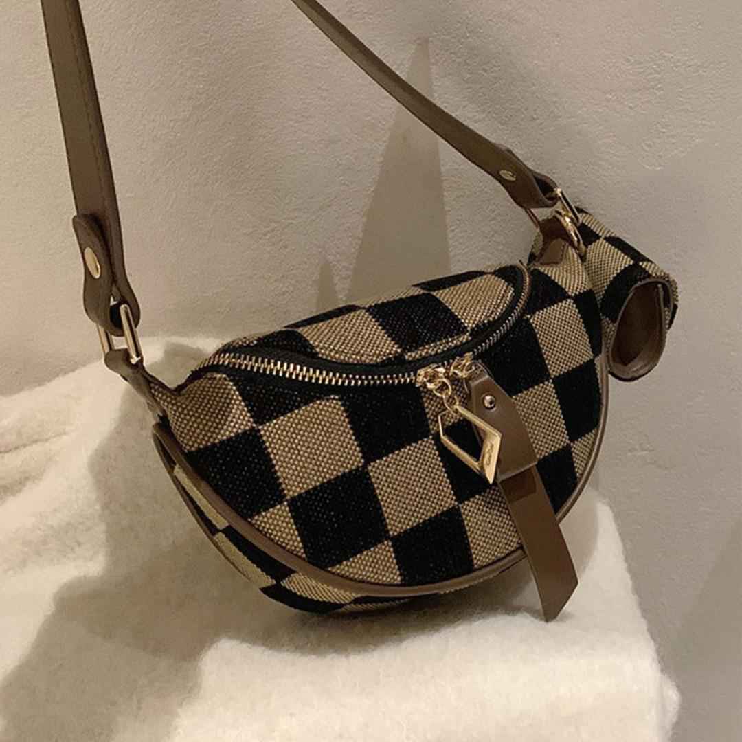 Checkerboard Canvas Crossbody Bag - 2-in-1 Compact Chest Bag & Fanny Pack with Earphone Storage