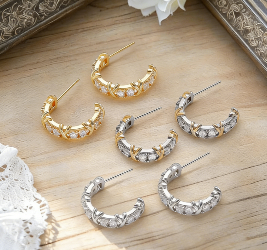 Light Luxury Zircon Color-Block Cross Hoop Earrings