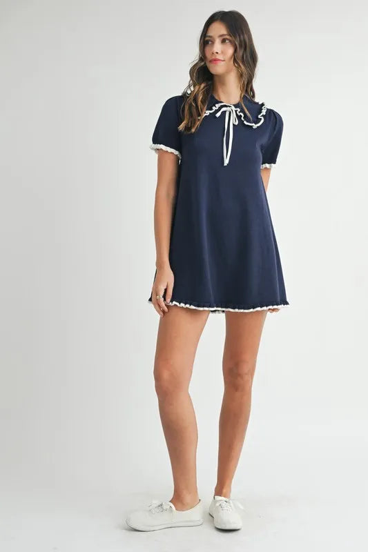 Ruffle Trimmed Collar Fine Knit Mini Dress For Women – Ruffle Mini Dress, Fine Knit Dress, Collar Dress, Feminine Mini Dress, Chic Knit Dress