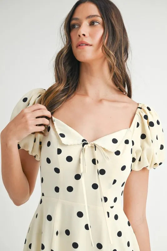 Polka Dot Puff Sleeve Midi Dress For Women – Vintage Fluttering Polka Dot Dress, Feminine Puff Sleeve Dress, Retro Midi Dress, Classic Chic Dress
