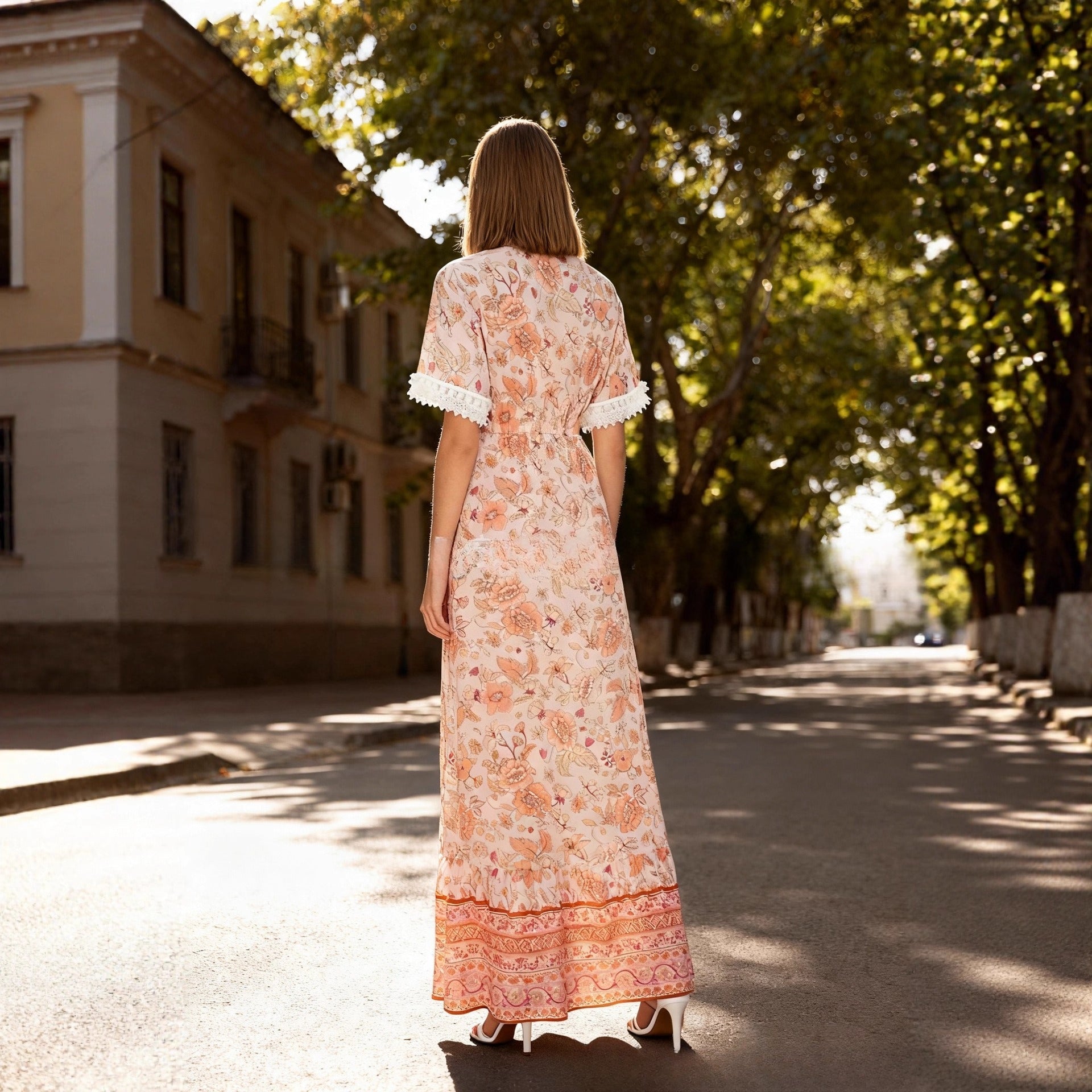 Women's Short Sleeve Elastic Waist Fringe Lace Trim Bohemian Dress Vacation Beach Dress