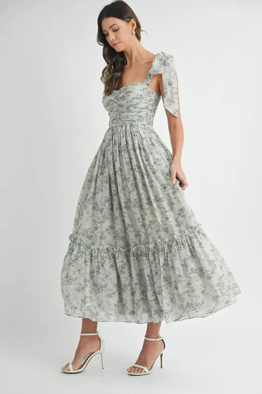 Floral Bust Ruched Midi Dress with Shoulder Tie For Women – Ruched Midi Dress For Summer, Floral Bust Dress, Shoulder Tie Dress, Feminine Midi Dress, Chic Event Dress