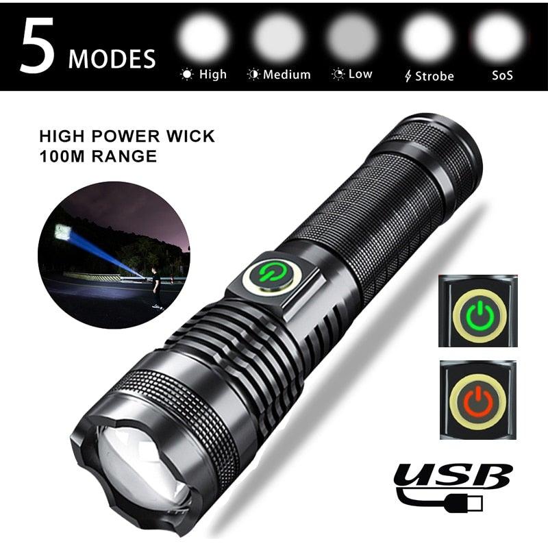 Adjustable Rechargeable  Waterproof LED Flashlights Rechargeable High Lumens Torchlight Zoomable Torch USB Charging Waterproof 5 Modes With Power Display For Camping Hiking Outdoor Emergency