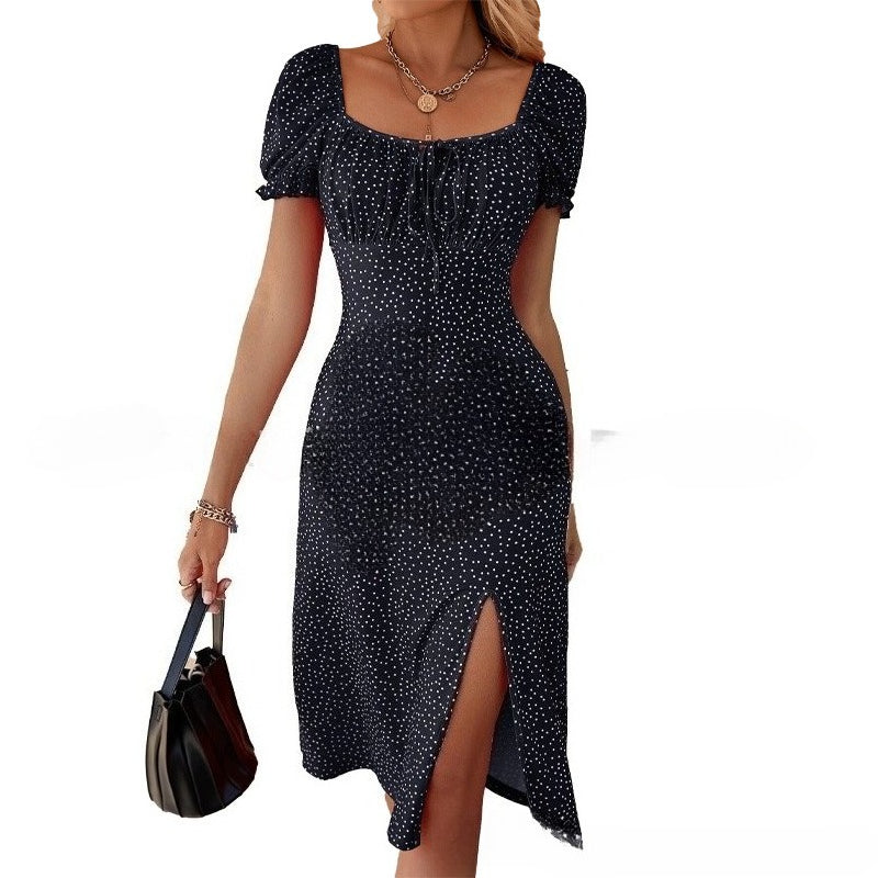 Women's Square Neck Short Sleeve Bodycon Polka Dot Bohemian Dress Vacation Beach Dress