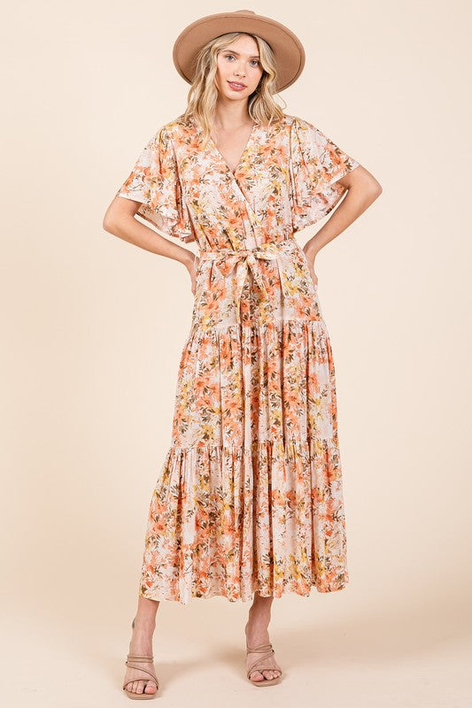 New Summer Floral Tie Waist Flutter Sleeve Tiered Dress – Graceful and Feminine Dress with Bohemian Charm and Flattering Tie Waist