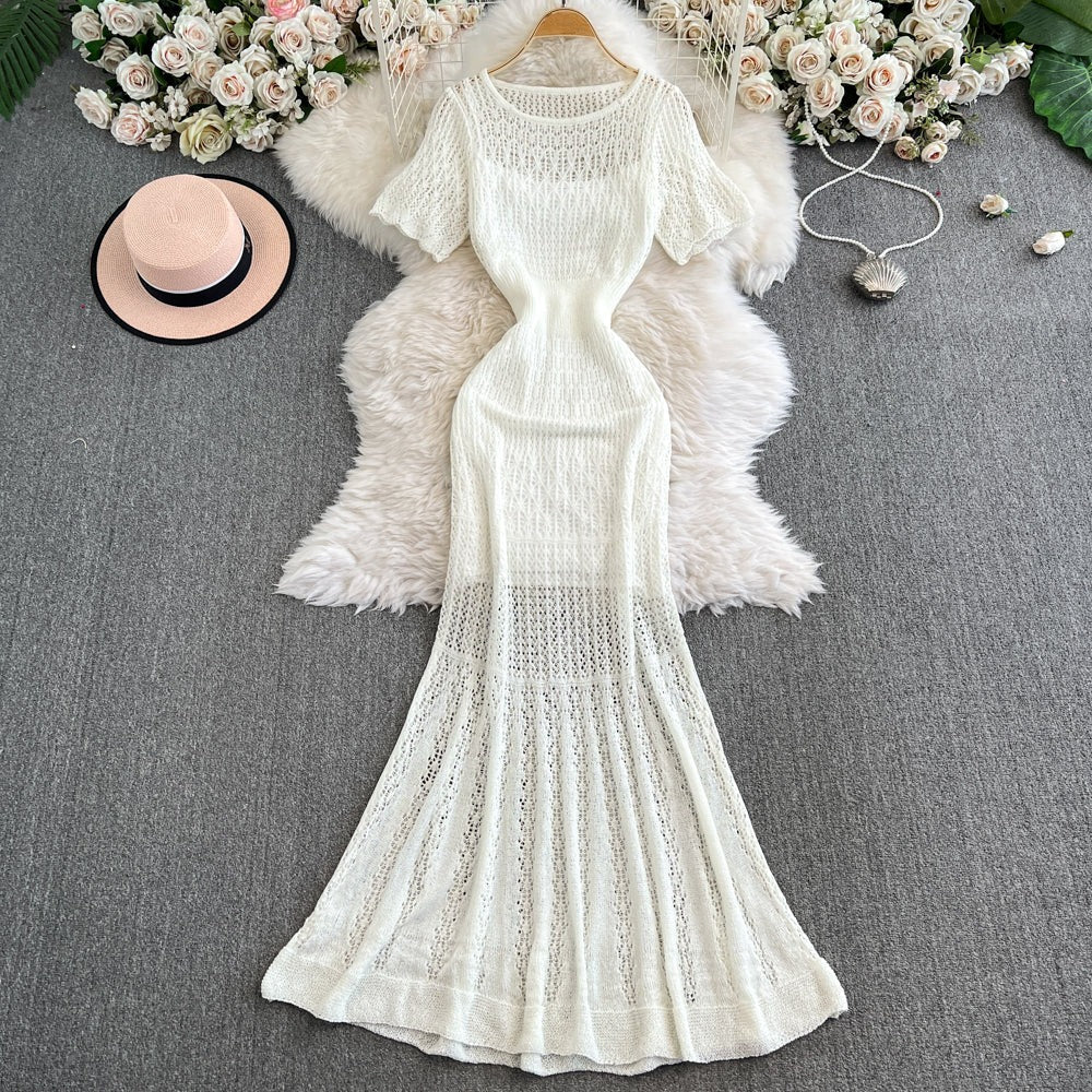 Vintage Hollow-Out Knit Dress – Women's Summer Elegant Tie-Waist A-Line Midi, Fishtail Slim-Fit Gown