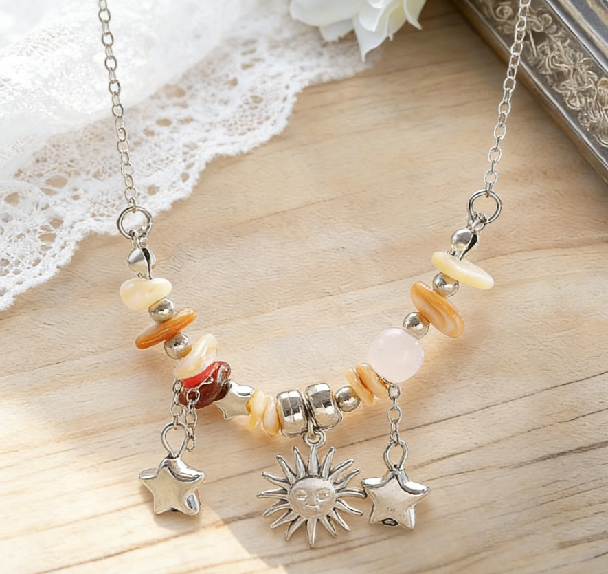 Colorful Chip Stone Boho Sun Moon Necklace