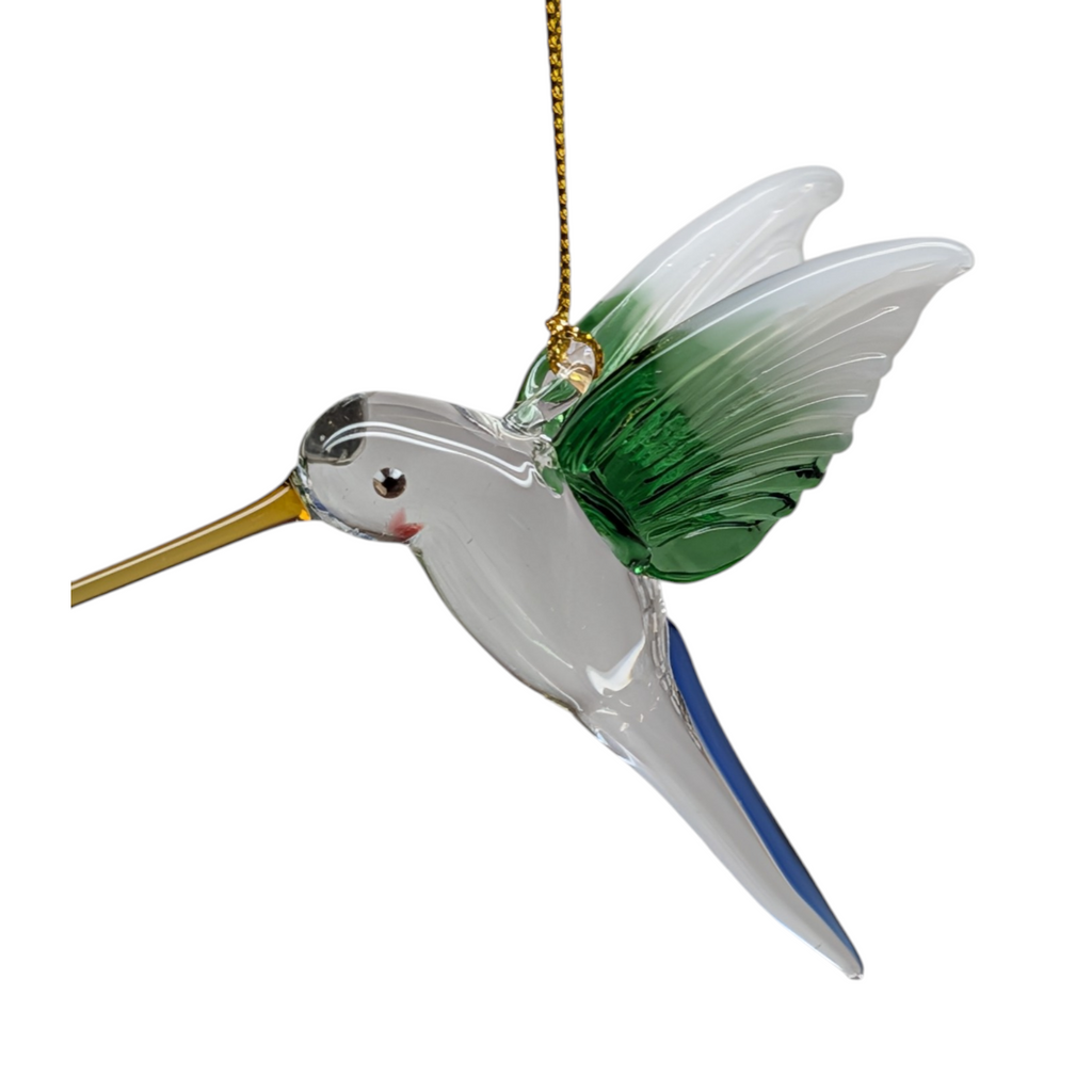 Feeding Hummingbird - Green Wing - Egyptian Glass Ornament
