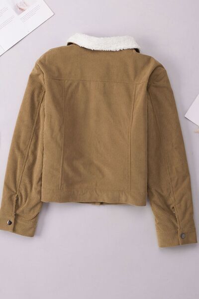 Vintage Women Winter Corduroy Snap Down Jacket With Collared Neck and Plush Lining