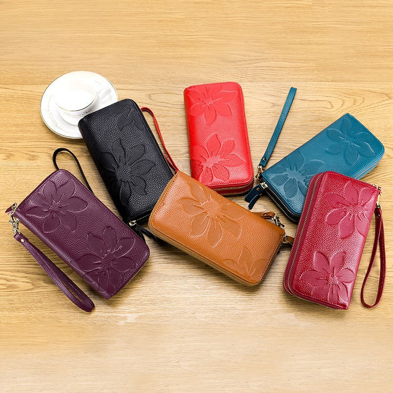 Women's Leather Double Zipper Wallet - Solid Color Large Capacity Long Phone Wallet from First-Layer Cowhide