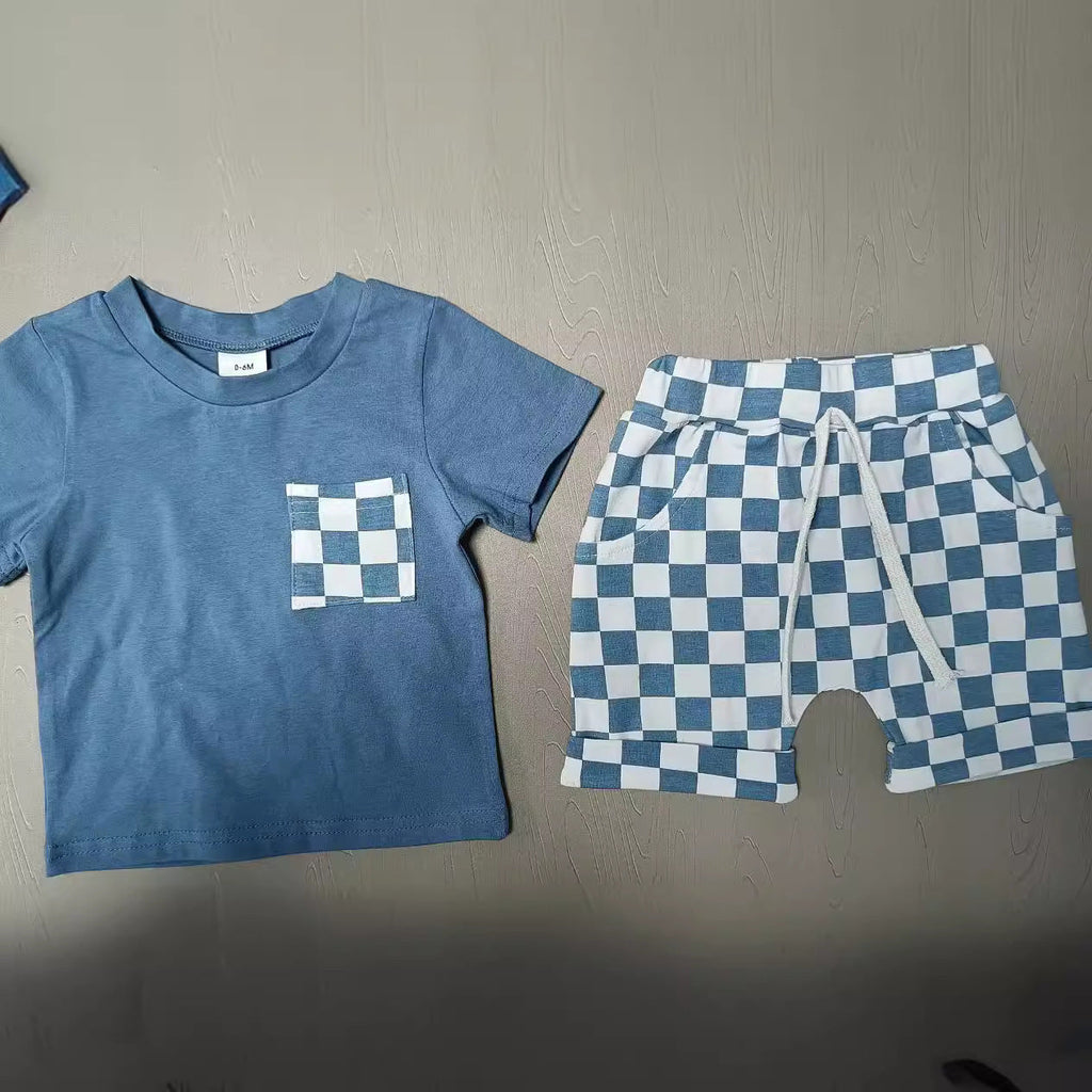 Baby's Casual Short-sleeved Plaid Shorts Suit