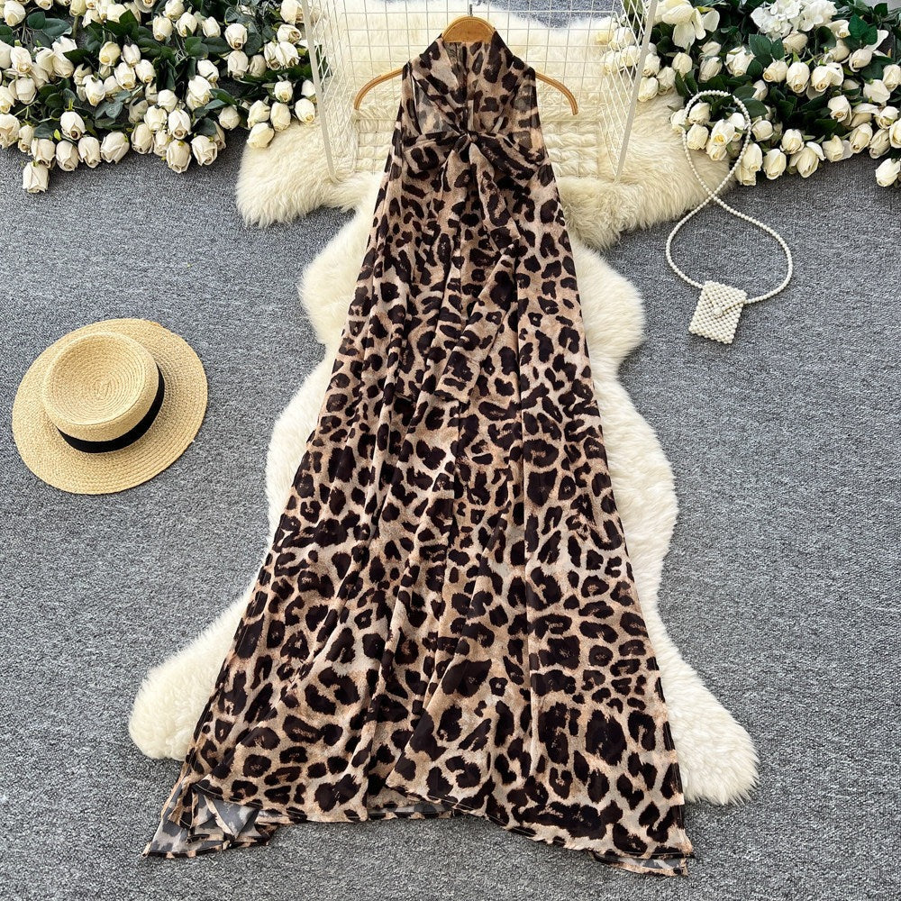 Vintage Leopard Halter Sleeveless Dress – High-Waist A-Line Maxi, Office Slim-Fit Shift