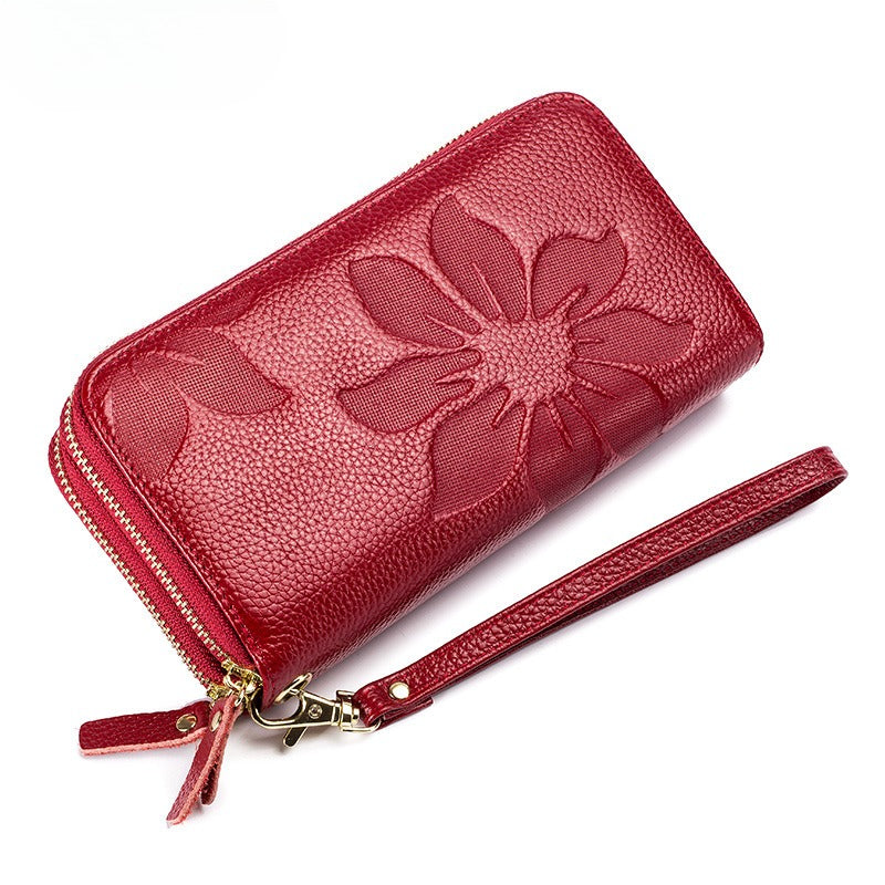 Women's Leather Double Zipper Wallet - Solid Color Large Capacity Long Phone Wallet from First-Layer Cowhide