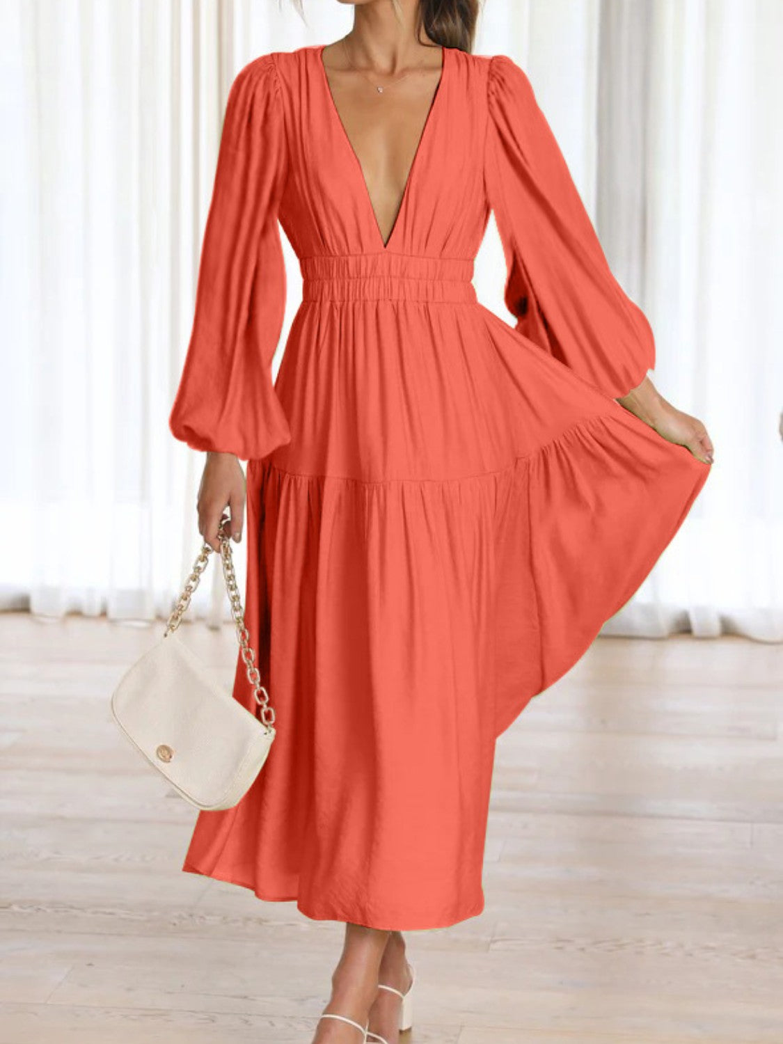 Lightweight Deep V-Neck Balloon Sleeve Maxi Dress Elegant & Flowing Silhouette Unique Dress