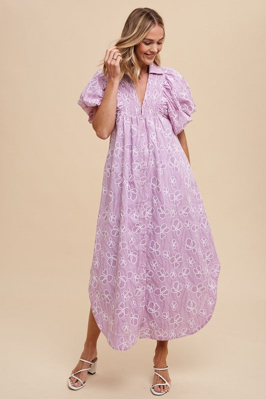 Romantic Floral Detail Puff Sleeve Dress Feminine Elegant Dress for Women Long Dress For Summer