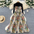 Vintage Court Jacquard Sling Dress - Embroidered Slip Midi, Women's Layering Knitting Top