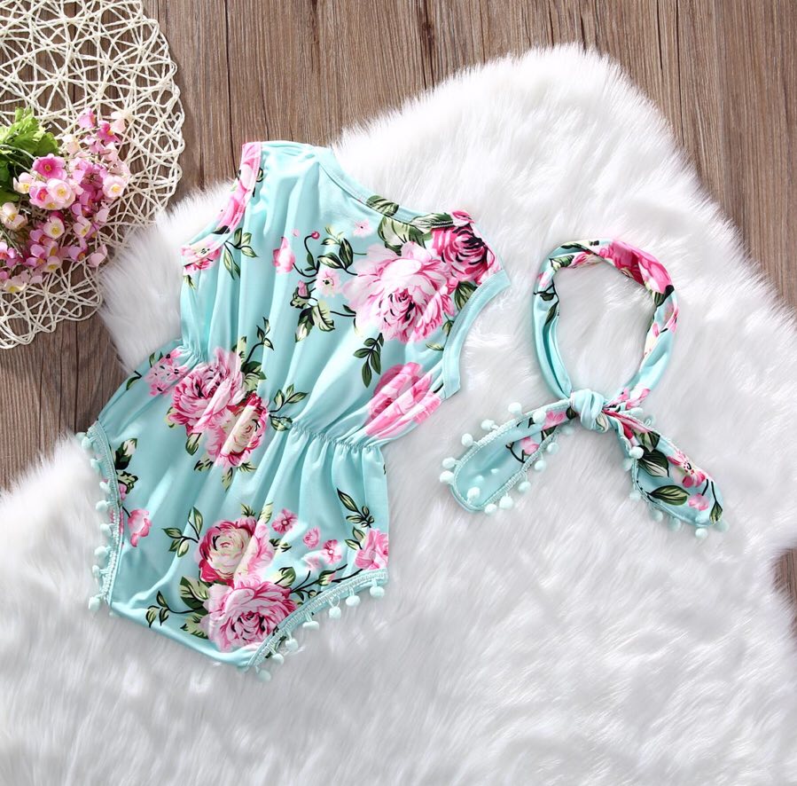 Girl's Floral Pom Pom Romper with Headband - EveryNest