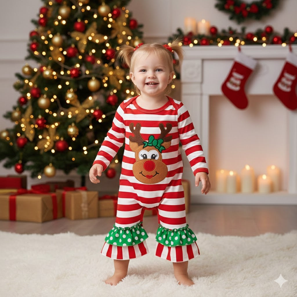 Infant Girl's Striped Reindeer Christmas Romper