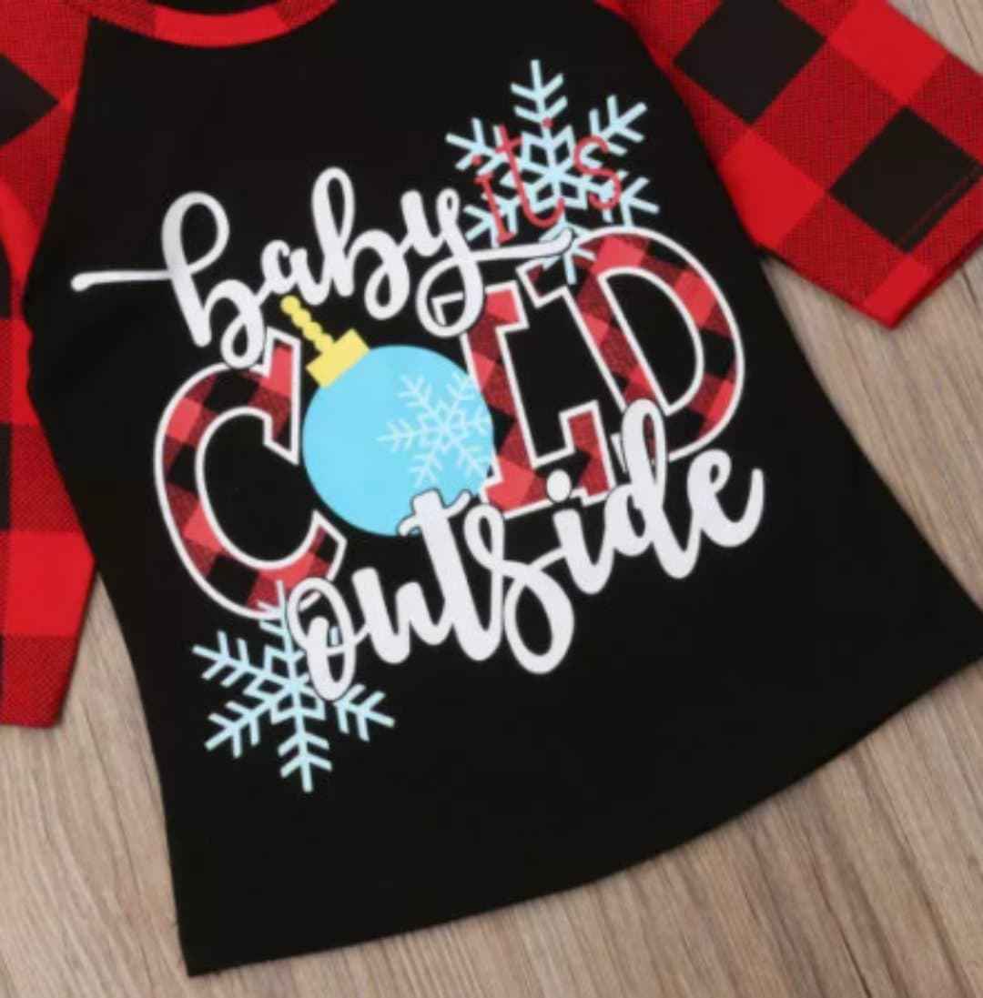 Girl's Baby Its Cold Outside Buffalo Plaid Raglan Tee Shirt