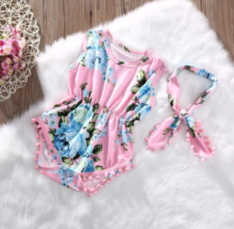 Girl's Floral Pom Pom Romper with Headband - EveryNest