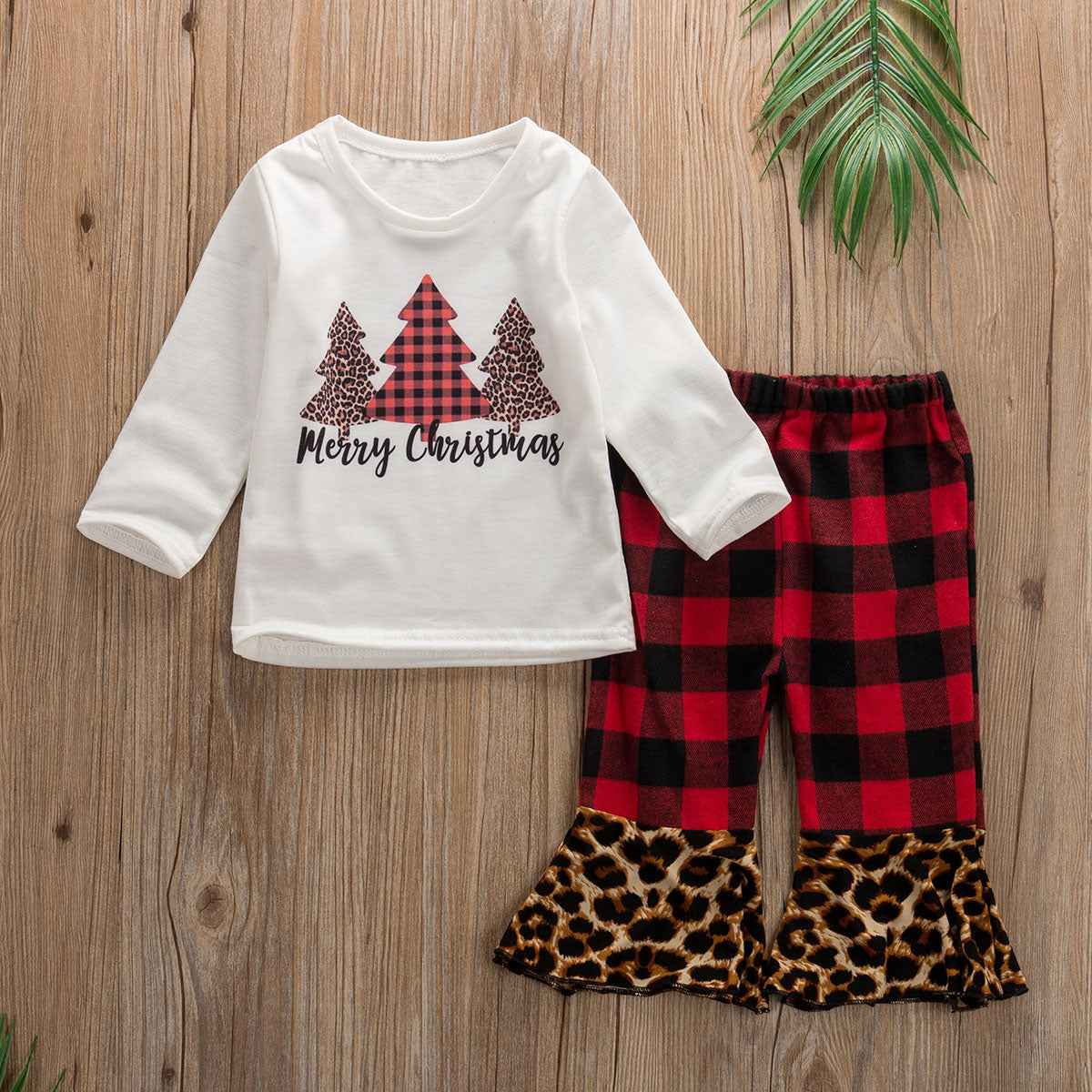 Girls' Merry Christmas Trees Leopard & Buffalo Plaid Bell Bottom Set