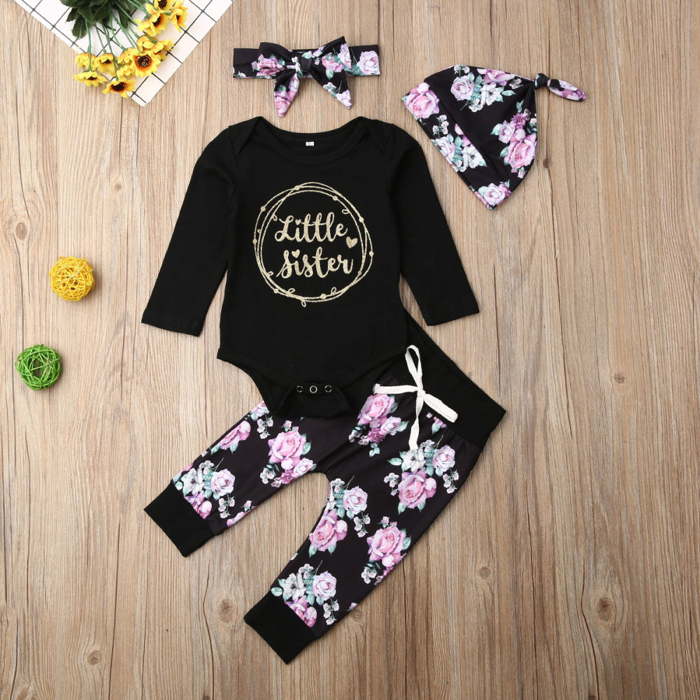 Infant Girls Black Floral Little Sister 4 Pc Outfit - EveryNest