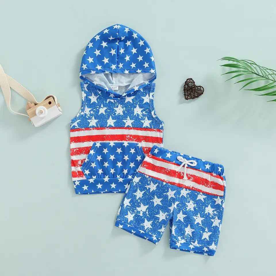 Boy's Fourth of July Distressed Patriotic Stars and Stripes Hooded Outfit