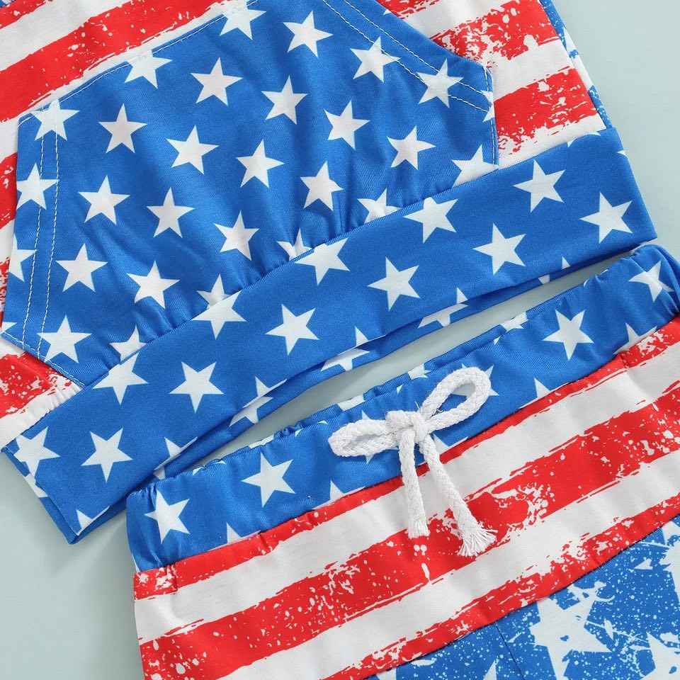 Boy's Fourth of July Distressed Patriotic Stars and Stripes Hooded Outfit