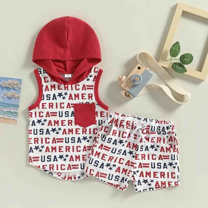 Boy's Patriotic America Print Hooded Tank Outfit