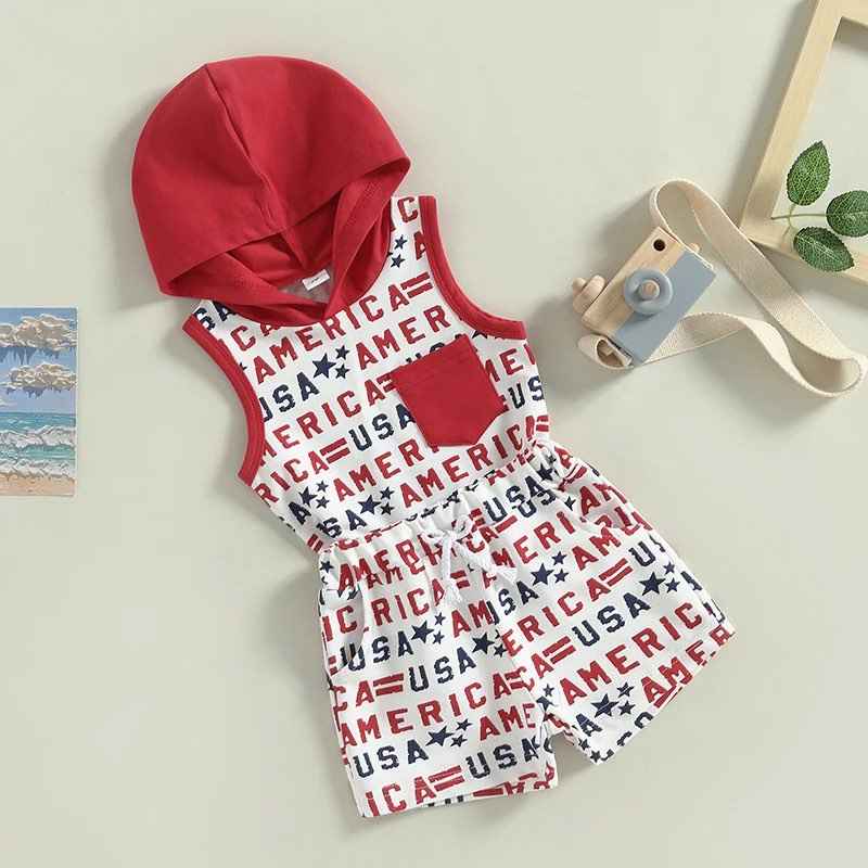 Boy's Patriotic America Print Hooded Tank Outfit