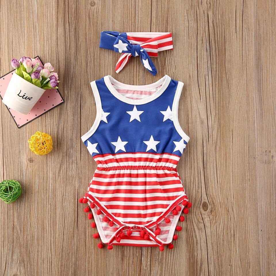 Girl's Fourth of July American Flag Pom Pom Romper