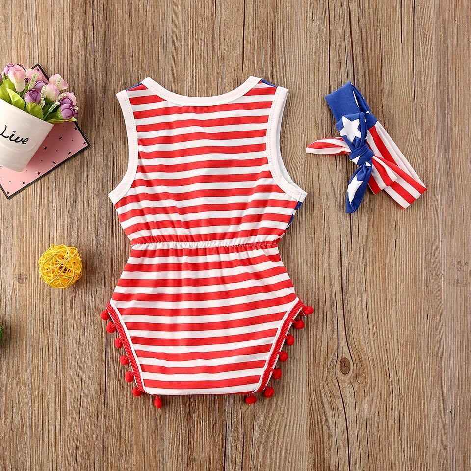 Girl's Fourth of July American Flag Pom Pom Romper