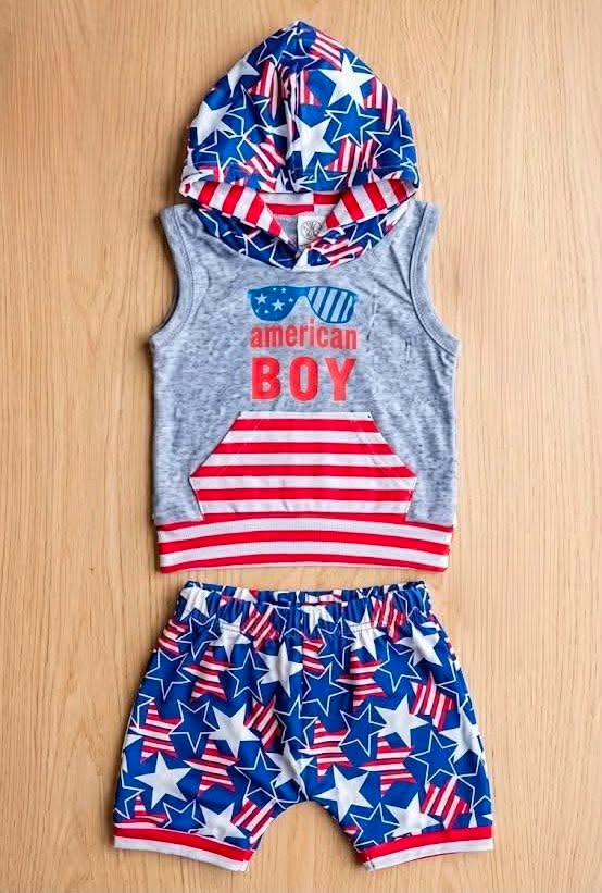 Boys “American Boy” 4th of July Outfit – Patriotic Hooded Tank & Flag Shorts Set