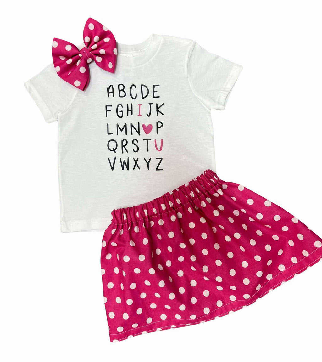 Girl’s Valentine’s Day Outfit – ABC I Love You Shirt, Pink Polka Dot Skirt & Bow Set