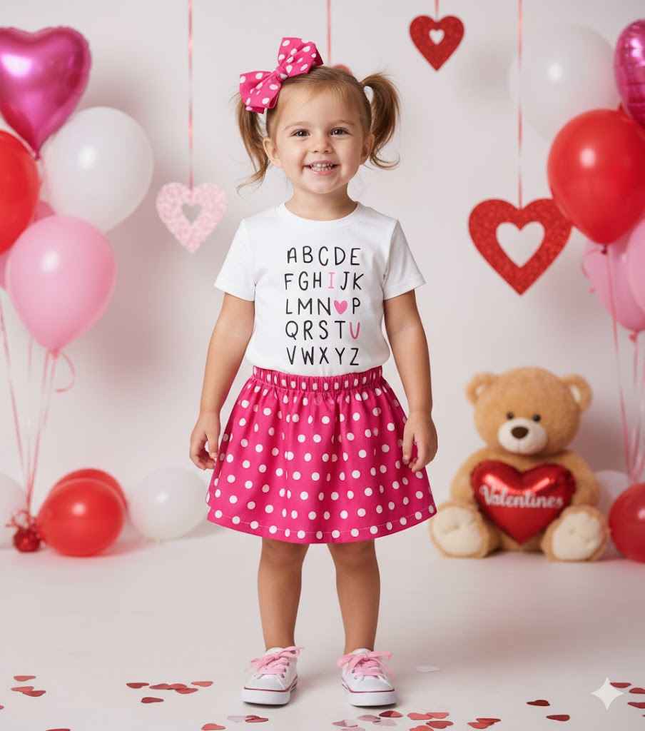 Girl’s Valentine’s Day Outfit – ABC I Love You Shirt, Pink Polka Dot Skirt & Bow Set