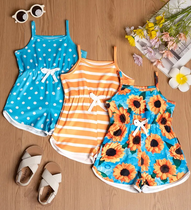 Girl's Summer Sleeveless Romper- Blue Dots/Orange Stripes/Blue Sunflowers - EveryNest