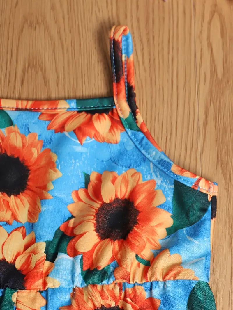 Girl's Summer Sleeveless Romper- Blue Dots/Orange Stripes/Blue Sunflowers - EveryNest