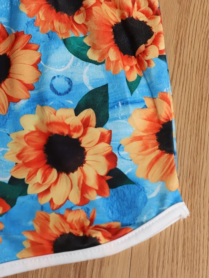 Girl's Summer Sleeveless Romper- Blue Dots/Orange Stripes/Blue Sunflowers - EveryNest