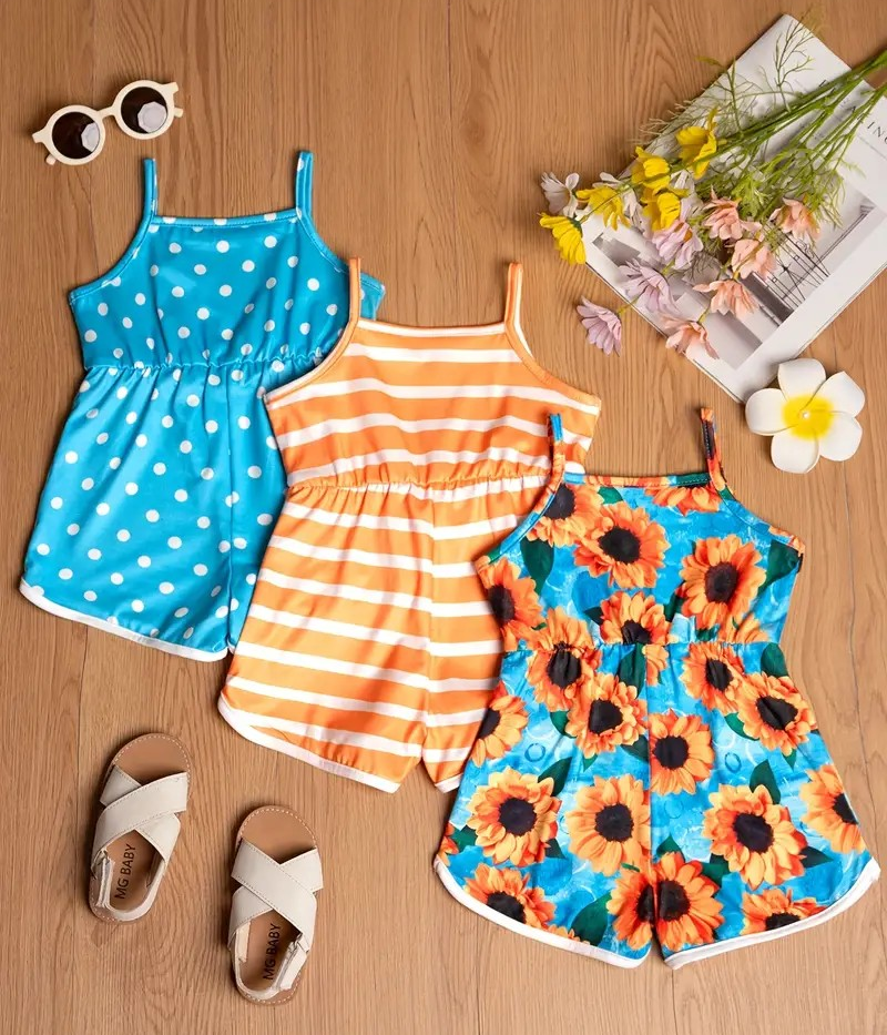 Girl's Summer Sleeveless Romper- Blue Dots/Orange Stripes/Blue Sunflowers - EveryNest