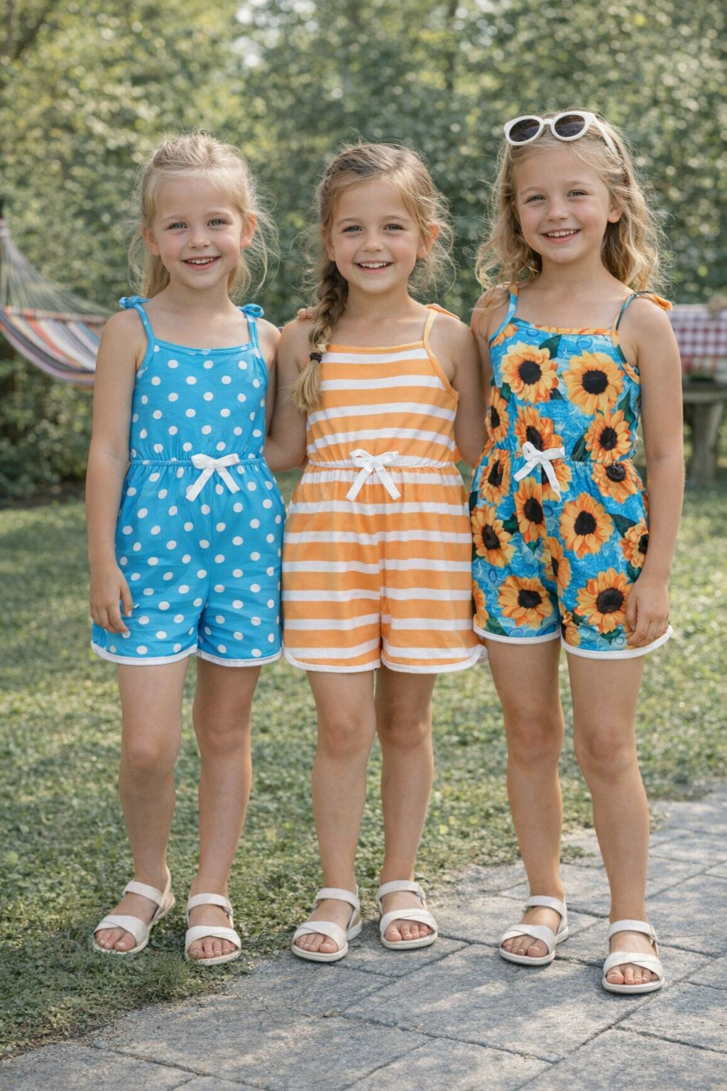Girl's Summer Sleeveless Romper- Blue Dots/Orange Stripes/Blue Sunflowers - EveryNest