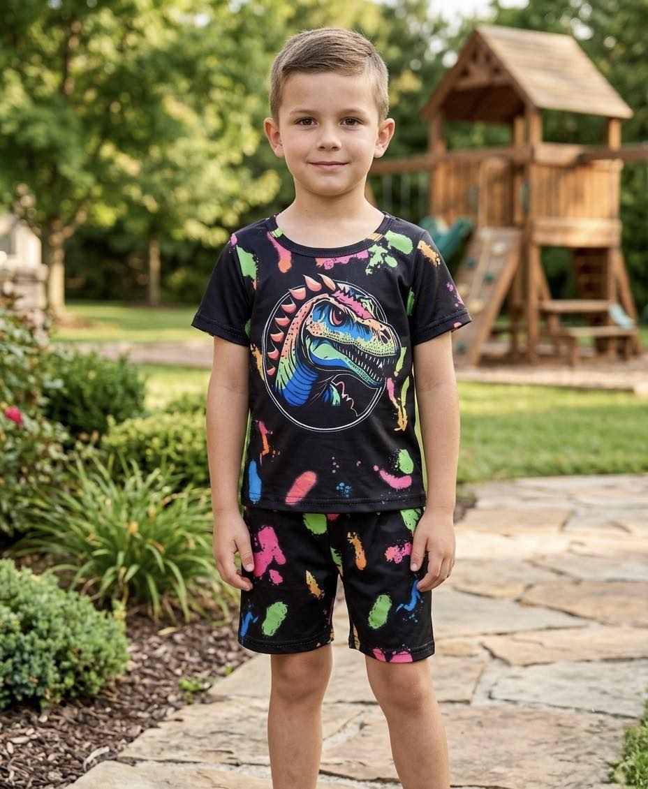 Boy's Neon Paint Splatter Dinosaur Outfit - EveryNest