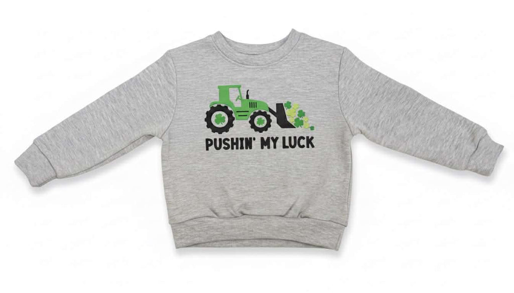 Boys’ St. Patrick’s Day “Pushin’ My Luck” Tractor Design Sweatshirt