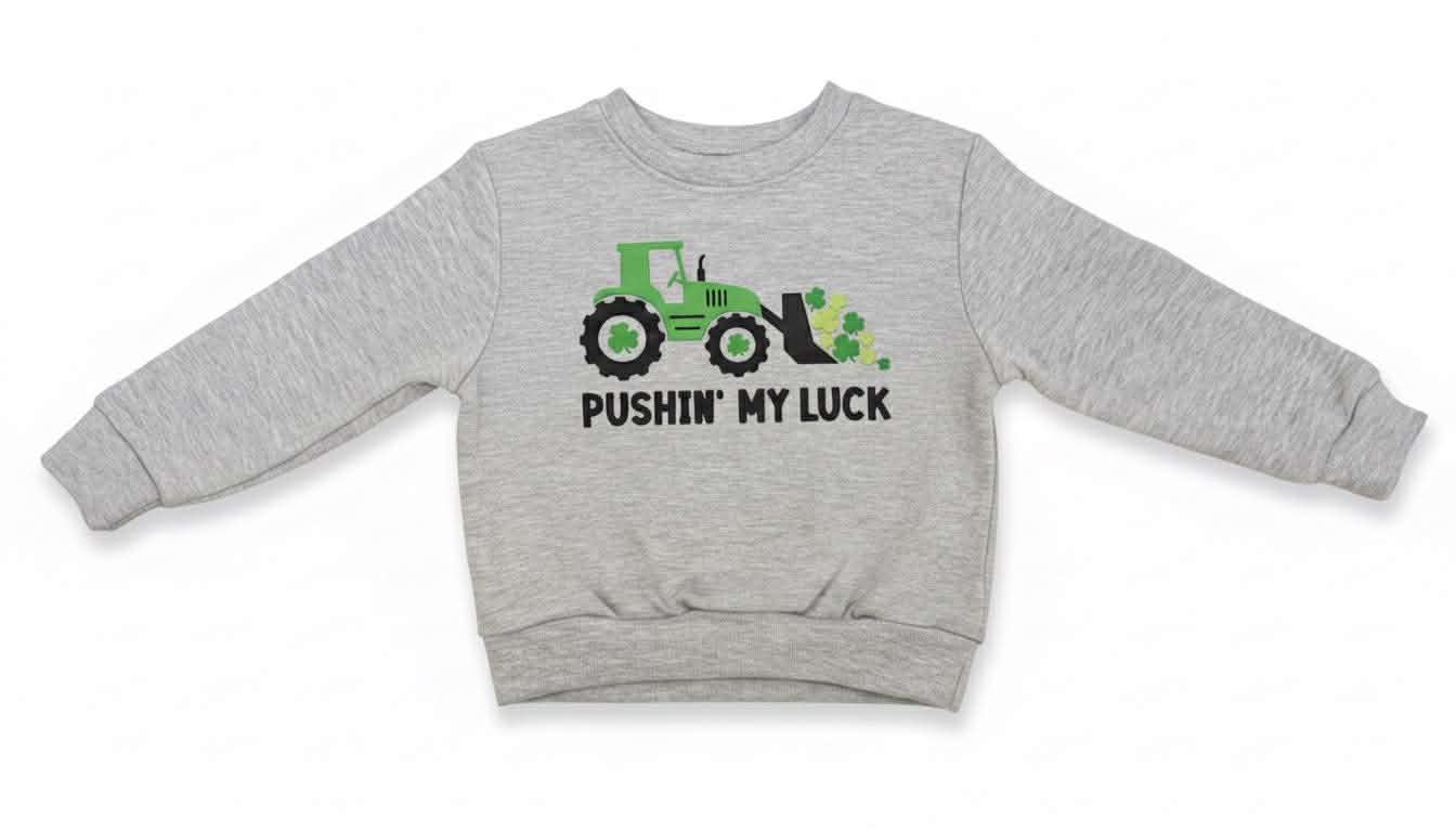 Boys’ St. Patrick’s Day “Pushin’ My Luck” Tractor Design Sweatshirt