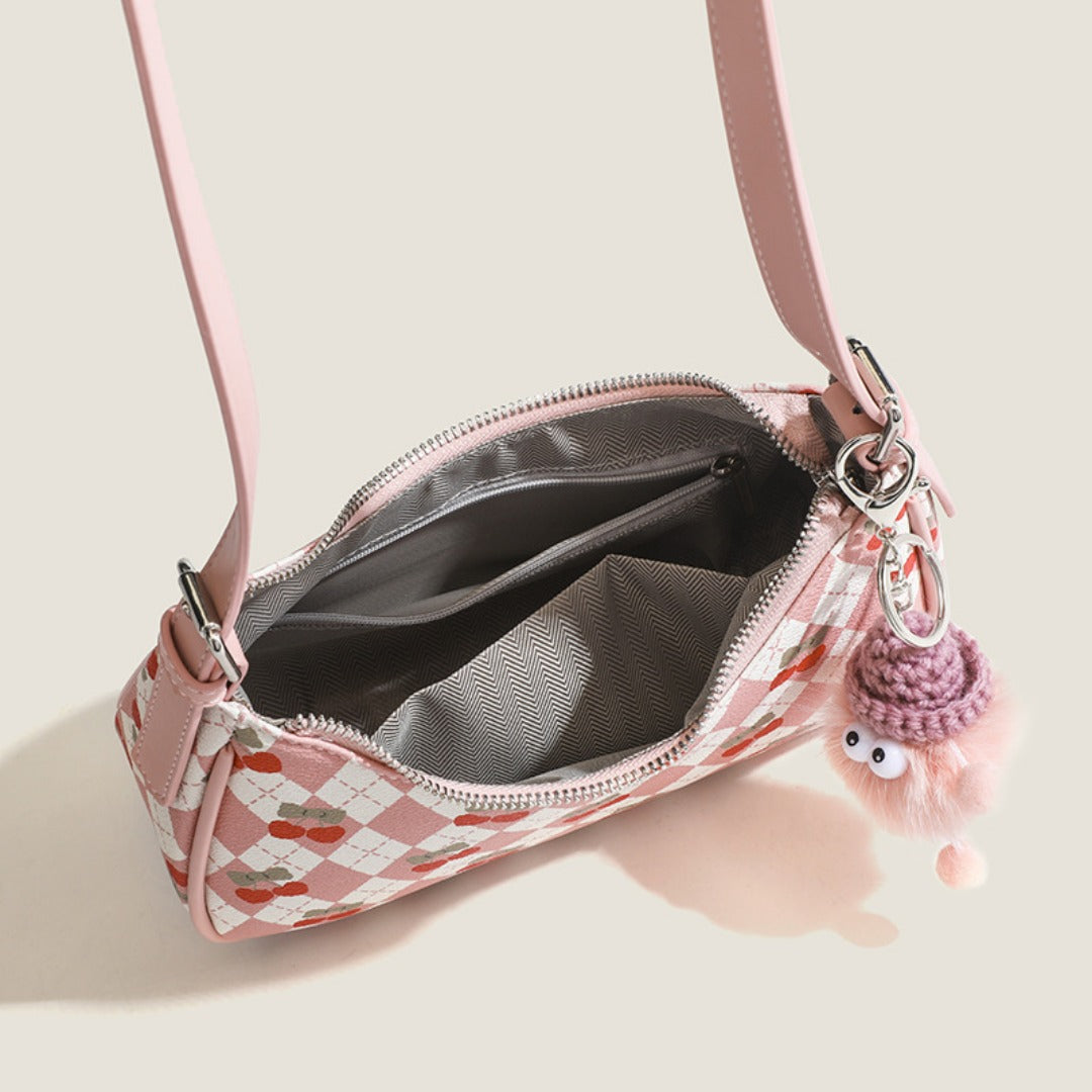 Small versatile shoulder bag, cute cherry pattern shoulder bag, top handle bag, crescent bag  hobo