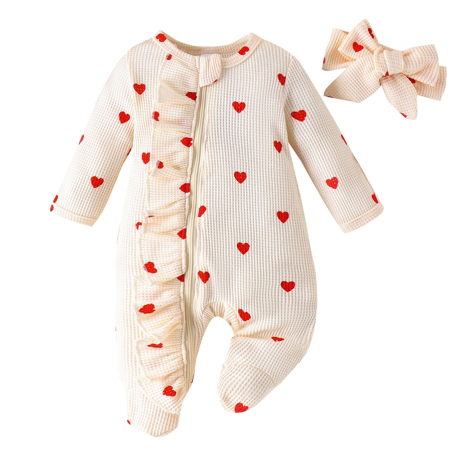 Heart-print Footed Zip-up Onesie Headband Set