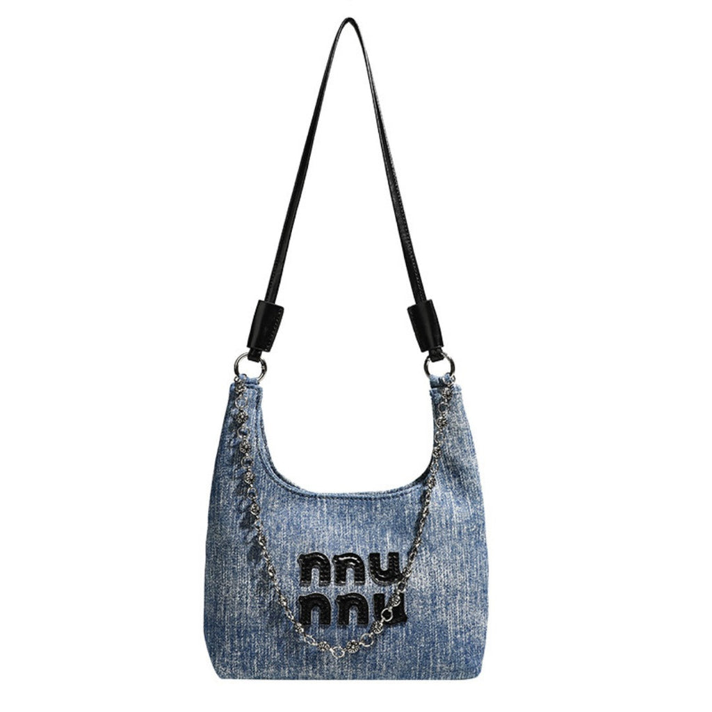 Simple retro small bucket bag, Versatile denim shoulder bag, Chain bag Crossbody bag, slouch hobo purse