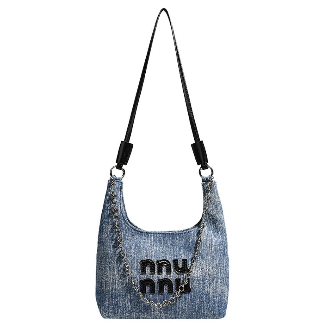 Simple retro small bucket bag, Versatile denim shoulder bag, Chain bag Crossbody bag, slouch hobo purse