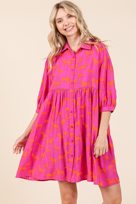 Zebra Print Button Down Shirt Mini Dress For Women – Fluttering, Bold and Fashion-Forward Dress with Pocketed Tiered Design