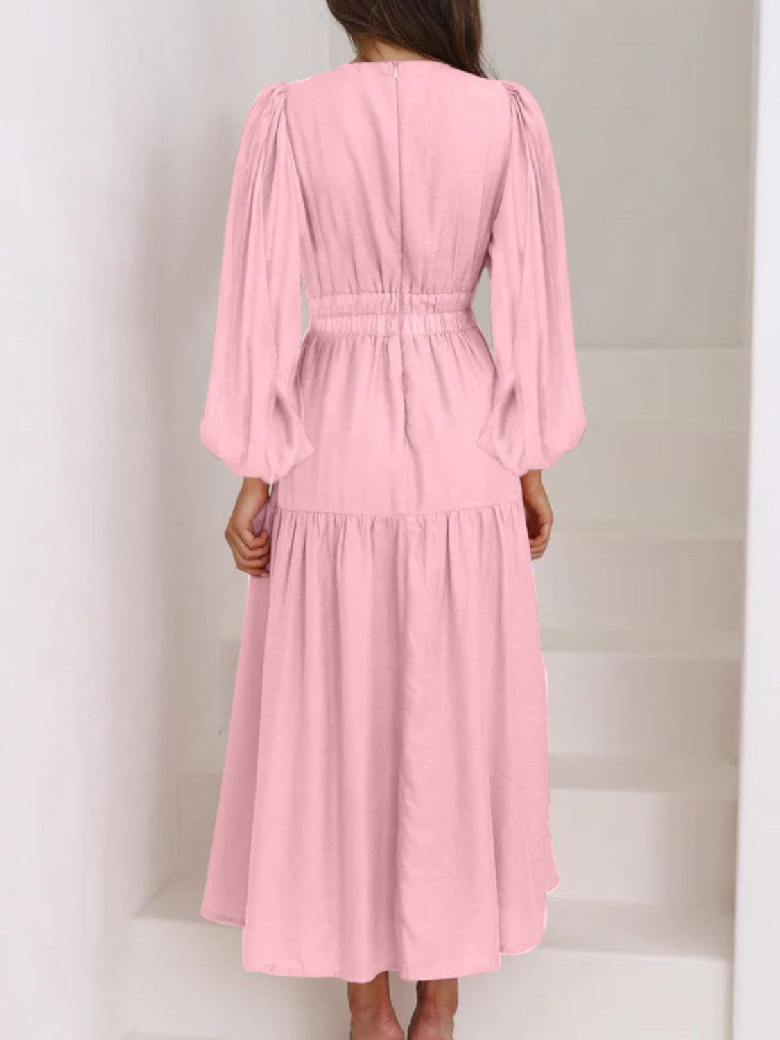 Lightweight Deep V-Neck Balloon Sleeve Maxi Dress Elegant & Flowing Silhouette Unique Dress